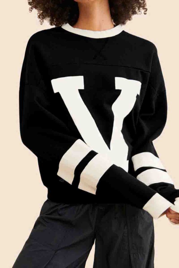 Black Casual Letters Patchwork Contrast O Neck Tops