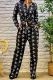 Black Casual Letters Draw String Pocket Buckle Patchwork Turndown Collar Long Sleeve Two Pieces