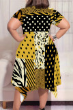 Blue Casual Plaid Geometric Print Pocket Contrast O Neck Short Sleeve Plus Size Dresses