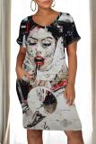 Red Casual Print Pocket Patchwork O Neck Straight Dresses