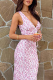 Pink Elegant Print Patchwork Backless V Neck Long Dresses