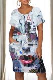 Red Casual Print Pocket Patchwork O Neck Straight Dresses