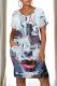 Blue Casual Print Pocket Patchwork O Neck Straight Dresses