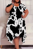 Blue Casual Plaid Geometric Print Pocket Contrast O Neck Short Sleeve Plus Size Dresses