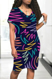 Black Casual Street Colorblock Striped Print Heart Shaped Pocket Contrast O Neck Printed Dresses