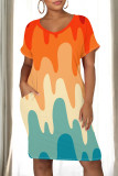 Rose Red Casual Print Pocket Patchwork O Neck Straight Dresses