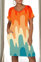 Orange Yellow Casual Print Pocket Patchwork O Neck Straight Dresses