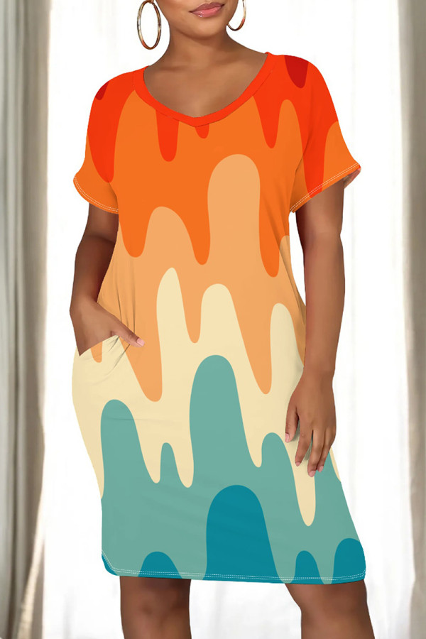Orange Yellow Casual Print Pocket Patchwork O Neck Straight Dresses