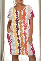 Multicolor Casual Print Pocket Patchwork O Neck Straight Dresses