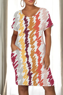 Multicolor Casual Print Pocket Patchwork O Neck Straight Dresses