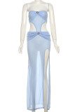 Blue Elegant Solid Color Hollow Out Patchwork Backless High Slit Strapless Long Dresses