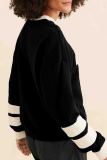 Black Casual Letters Patchwork Contrast O Neck Tops