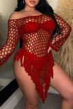Red Sexy Solid Color Fringed Trim Hollow Out Patchwork Swimwears Cover Up