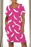 Rose Red Casual Print Pocket Patchwork O Neck Straight Dresses