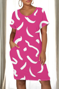 Rose Red Casual Print Pocket Patchwork O Neck Straight Dresses