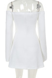 White Sexy Solid Color Buckle Patchwork Off Shoulder Wrapped Skirt Dresses
