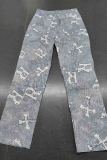 Light Gray Street Letters Pocket Buttons Patchwork Zipper Regular High Waist Conventional Patchwork Bottoms