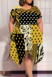 Blue Casual Plaid Geometric Print Pocket Contrast O Neck Short Sleeve Plus Size Dresses