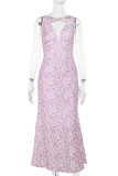Pink Elegant Print Patchwork Backless V Neck Long Dresses