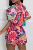 Orange Street Print Pocket Buckle Patchwork With Belt Turndown Collar Loose Rompers