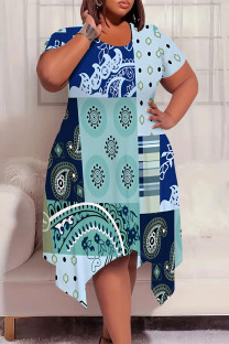 Blue Casual Plaid Geometric Print Pocket Contrast O Neck Short Sleeve Plus Size Dresses