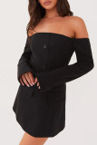 White Sexy Solid Color Buckle Patchwork Off Shoulder Wrapped Skirt Dresses