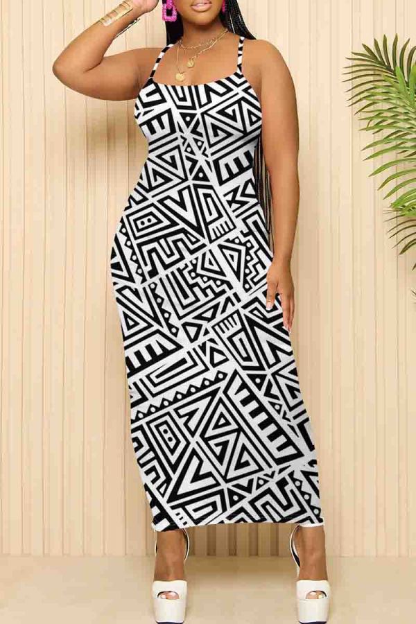 White Casual Geometric Print Patchwork Spaghetti Strap Sling Dresses
