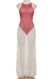 Red Street Stripe Fringed Trim Patchwork See-Through Backless Turtleneck Long Dresses