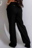 Black Casual Solid Color Pocket Buttons Patchwork Zipper Loose Mid Waist Wide Leg Patchwork Bottoms