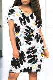 Black Casual Street Colorblock Striped Print Heart Shaped Pocket Contrast O Neck Printed Dresses