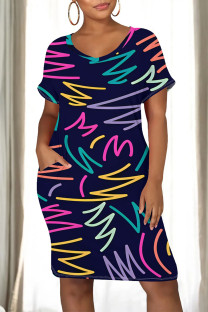 Navy Blue Casual Street Colorblock Striped Print Heart Shaped Pocket Contrast O Neck Printed Dresses