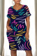 Navy Blue Casual Street Colorblock Striped Print Heart Shaped Pocket Contrast O Neck Printed Dresses