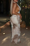 Khaki Sexy Patchwork Backless Ruched Deep V Neck Long Dresses