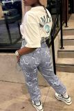 Light Gray Street Letters Pocket Buttons Patchwork Zipper Regular High Waist Conventional Patchwork Bottoms