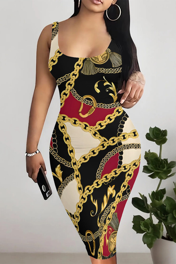 Black Red Sexy Leopard Print Chain print Contrast U Neck One Step Skirt Dresses