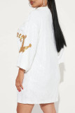 White Casual Letters Sequins Patchwork O Neck T-Shirts