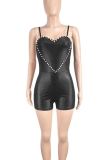 Black Sexy Solid Color Patchwork Backless Beading Spaghetti Strap Skinny Rompers