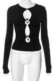 Black Sexy Solid Color Hollow Out Patchwork O Neck Tops