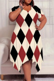 Blue Casual Plaid Geometric Print Pocket Contrast O Neck Short Sleeve Plus Size Dresses
