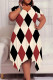 Red White Casual Plaid Geometric Print Pocket Contrast O Neck Short Sleeve Plus Size Dresses