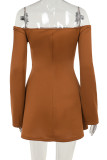 White Sexy Solid Color Buckle Patchwork Off Shoulder Wrapped Skirt Dresses