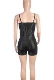 Black Sexy Solid Color Patchwork Backless Beading Spaghetti Strap Skinny Rompers