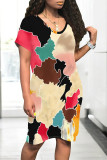 Black Casual Street Colorblock Striped Print Heart Shaped Pocket Contrast O Neck Printed Dresses