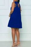 Deep Blue Sexy Solid Color Pocket Patchwork Backless Strap Design U Neck A Line Dresses