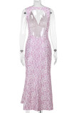 Pink Elegant Print Patchwork Backless V Neck Long Dresses