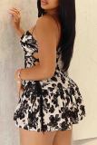 Black Sexy Print Patchwork Backless Cross Straps Ruched Spaghetti Strap Sling Dresses