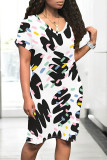 Black Casual Street Colorblock Striped Print Heart Shaped Pocket Contrast O Neck Printed Dresses