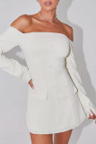 White Sexy Solid Color Buckle Patchwork Off Shoulder Wrapped Skirt Dresses