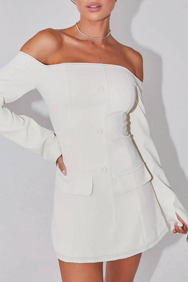 White Sexy Solid Color Buckle Patchwork Off Shoulder Wrapped Skirt Dresses