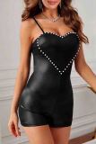 Black Sexy Solid Color Patchwork Backless Beading Spaghetti Strap Skinny Rompers